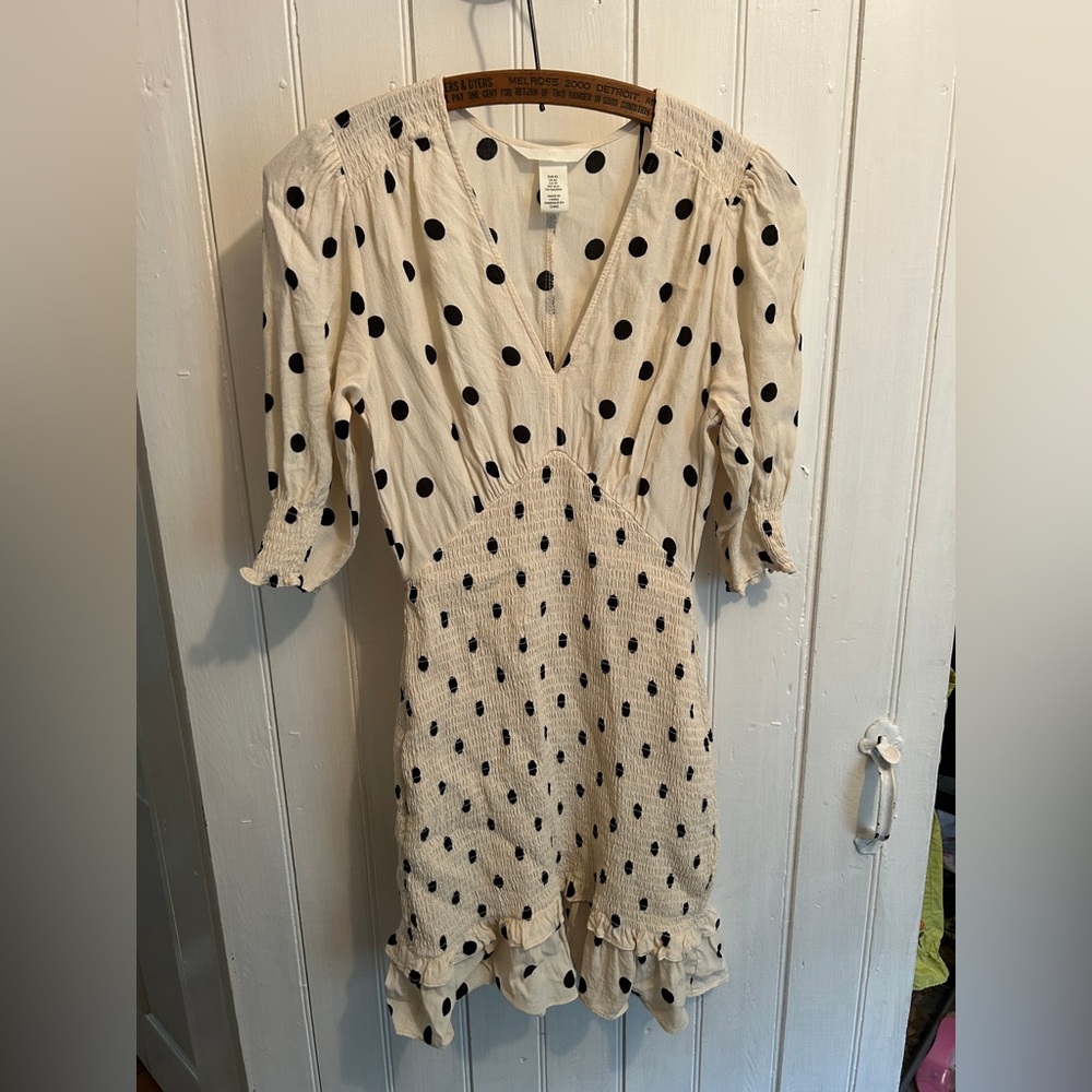 H&M Cream Polka Dot Smocked Mini Dress with Black Dots